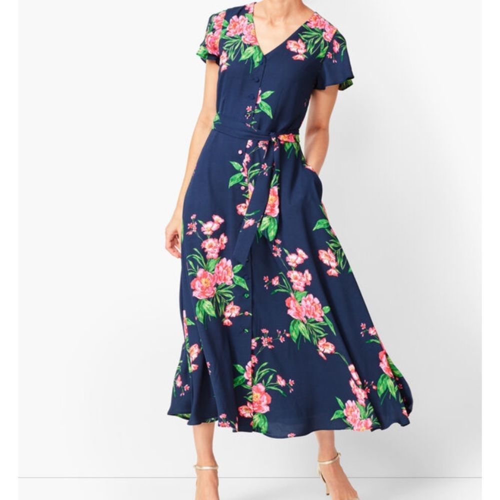 Talbots Painterly floral fit and flare navy blue & pink floral dress size 4